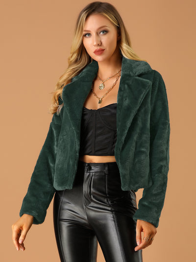 Allegra K Cropped Jacket Notch Lapel Faux Fur Fluffy Coat