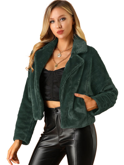 Allegra K Cropped Jacket Notch Lapel Faux Fur Fluffy Coat