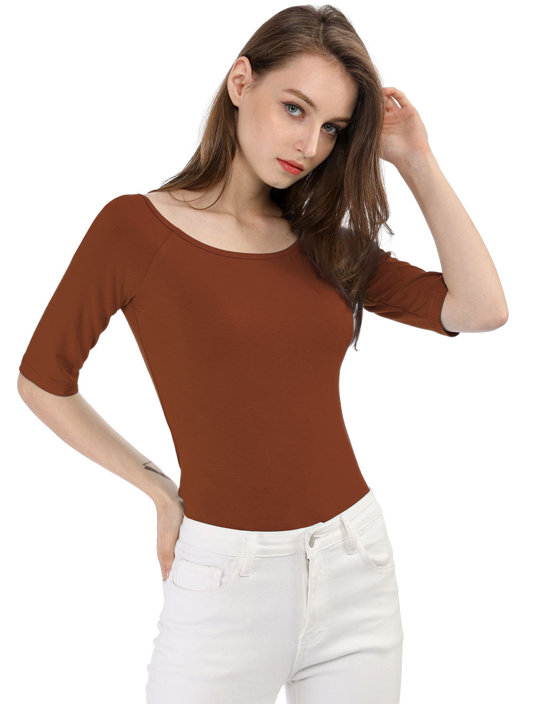 Allegra K Half Sleeve Scoop Neck Fitted Layering Top T-Shirt