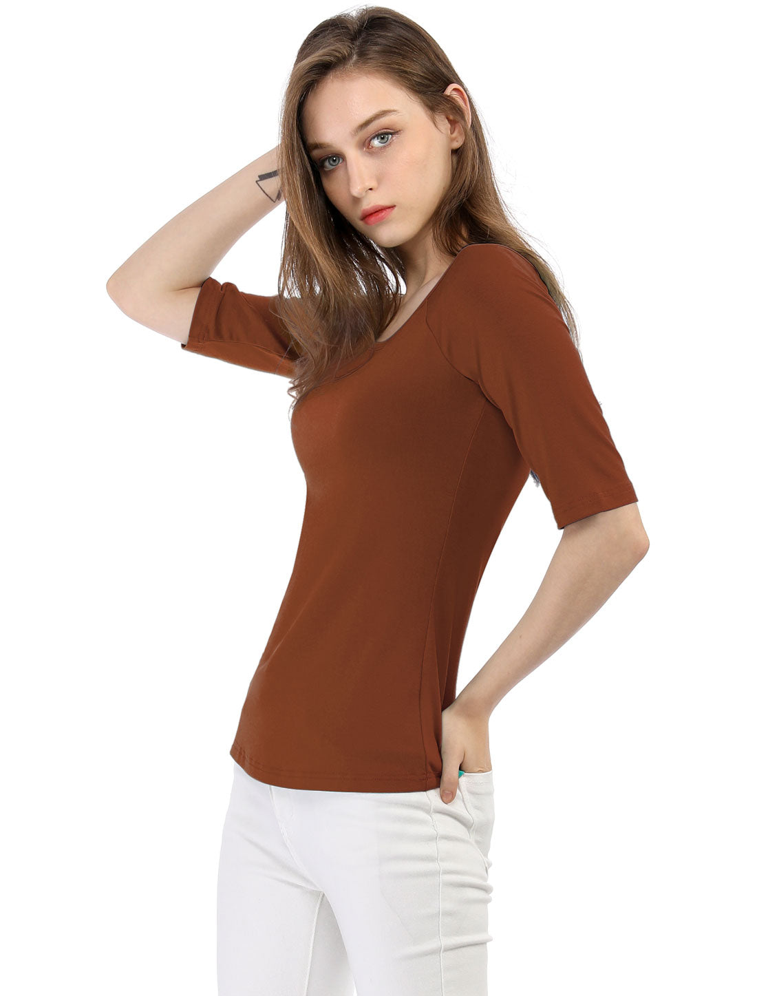 Allegra K Half Sleeve Scoop Neck Fitted Layering Top T-Shirt