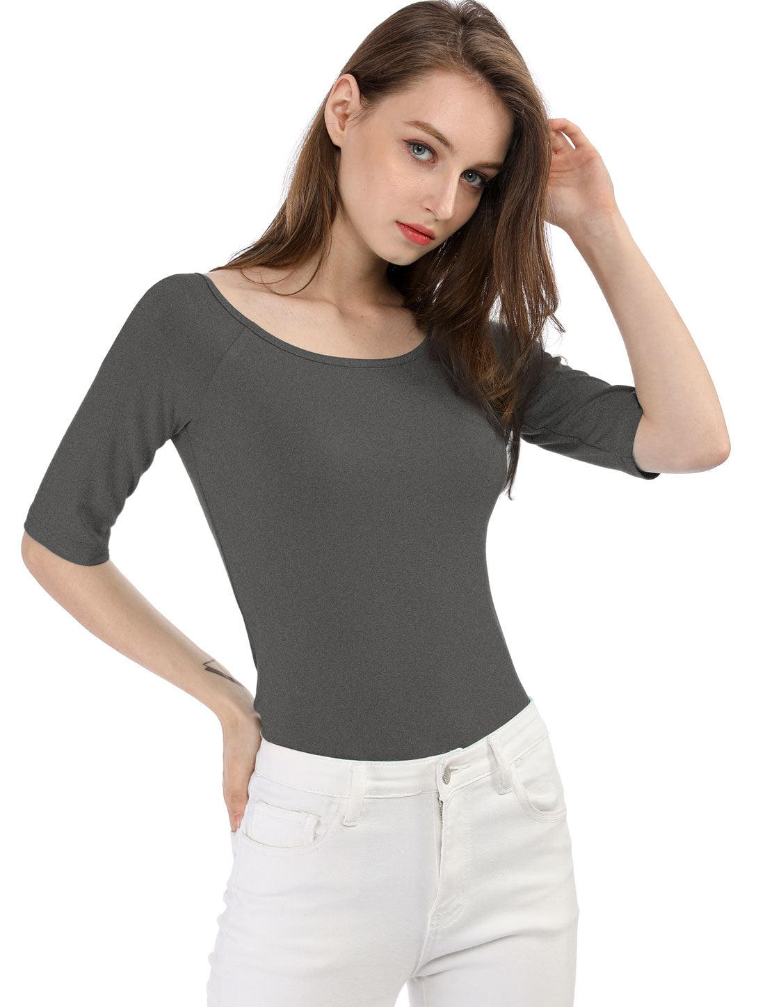 Allegra K Scoop Neck Half Sleeves Fitted Layering Soft T-Shirt