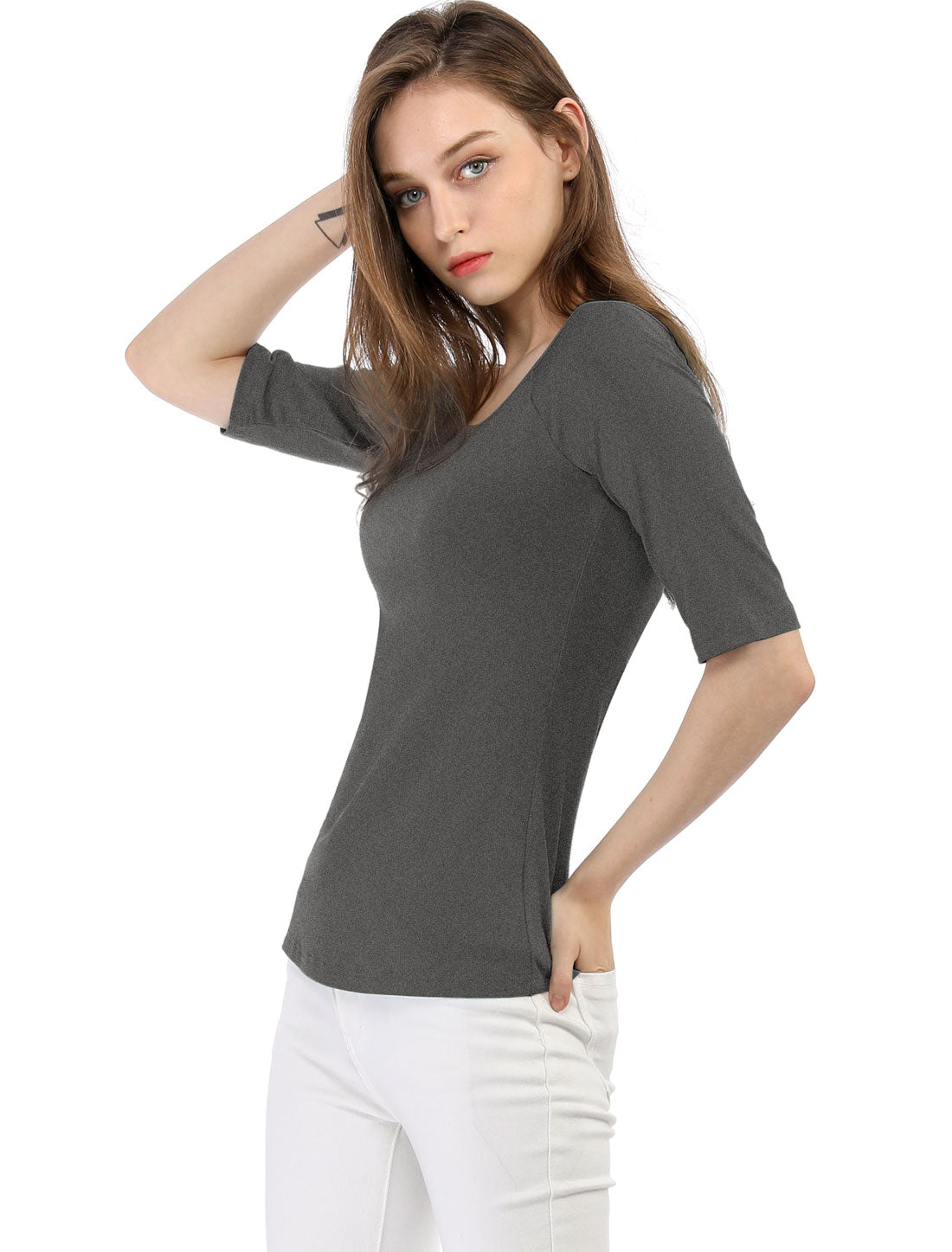 Allegra K Scoop Neck Half Sleeves Fitted Layering Soft T-Shirt