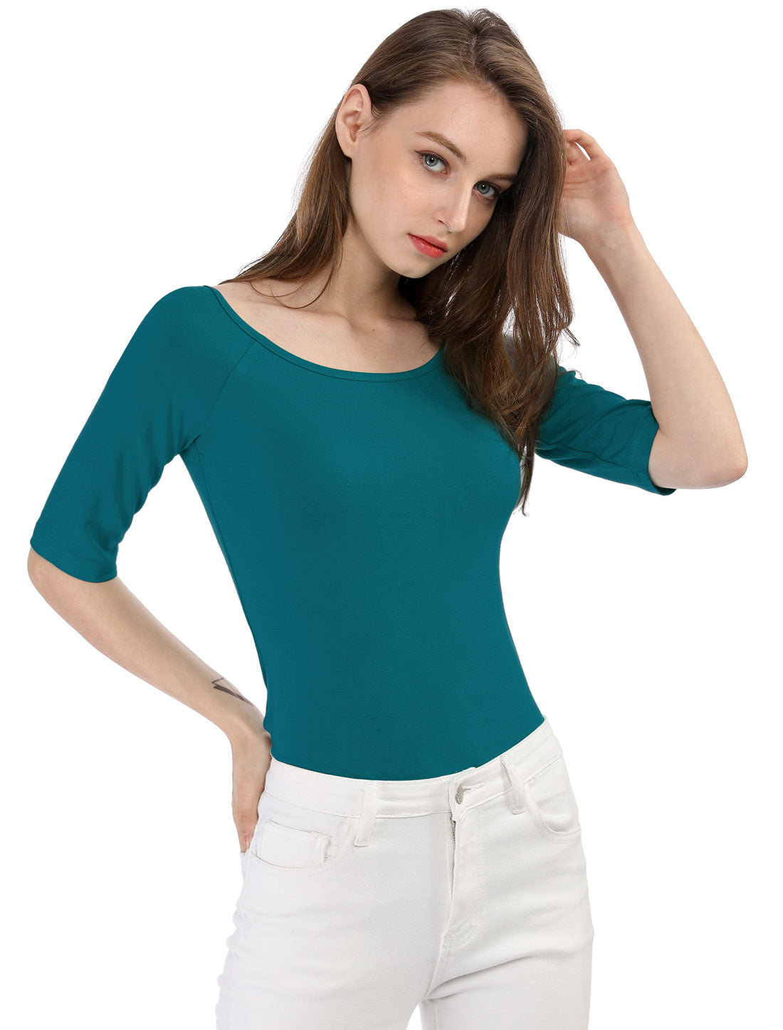 Allegra K Half Sleeve Scoop Neck Fitted Layering Top T-Shirt