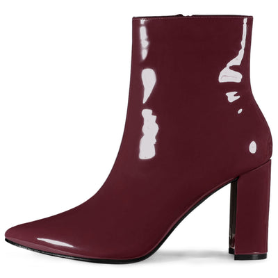 Faux Patent Leather Chunky Heel Pointed Toe Zipper Ankle Boots