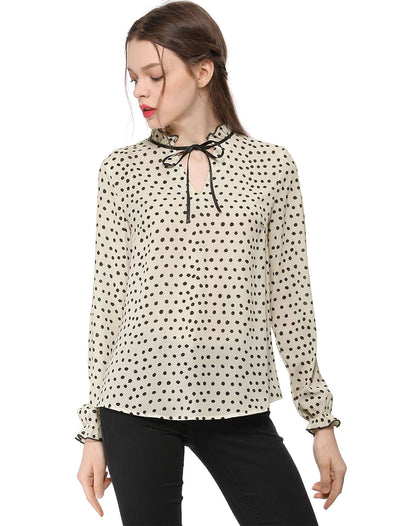 Bow Tie Neck Blouse Ruffled Collar Printed Long Sleeve Vintage Top