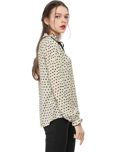 Bow Tie Neck Blouse Ruffled Collar Printed Long Sleeve Vintage Top