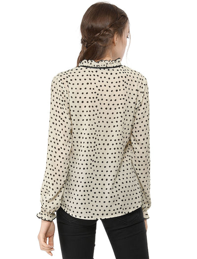 Bow Tie Neck Blouse Ruffled Collar Printed Long Sleeve Vintage Top