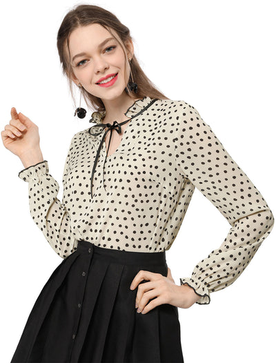 Bow Tie Neck Blouse Ruffled Collar Printed Long Sleeve Vintage Top