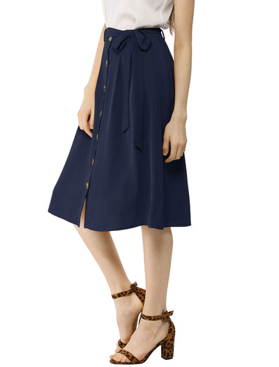 Button Front Casual High Waist Belted Midi Flare Skirt