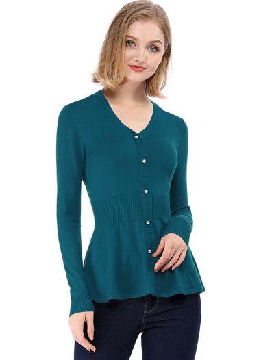 V Neck Long Sleeve Ribbed Pullover Knitted Peplum Top