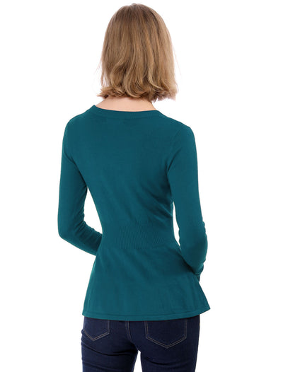 V Neck Long Sleeve Ribbed Pullover Knitted Peplum Top