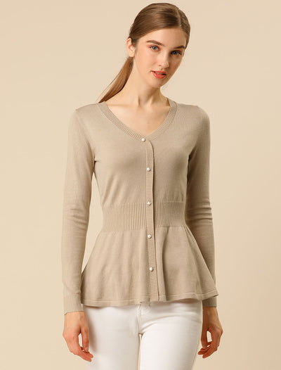 V Neck Long Sleeve Ribbed Pullover Knitted Peplum Top