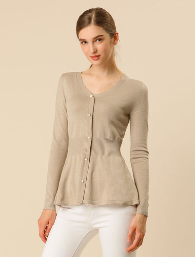 V Neck Long Sleeve Ribbed Pullover Knitted Peplum Top