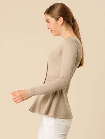 V Neck Long Sleeve Ribbed Pullover Knitted Peplum Top