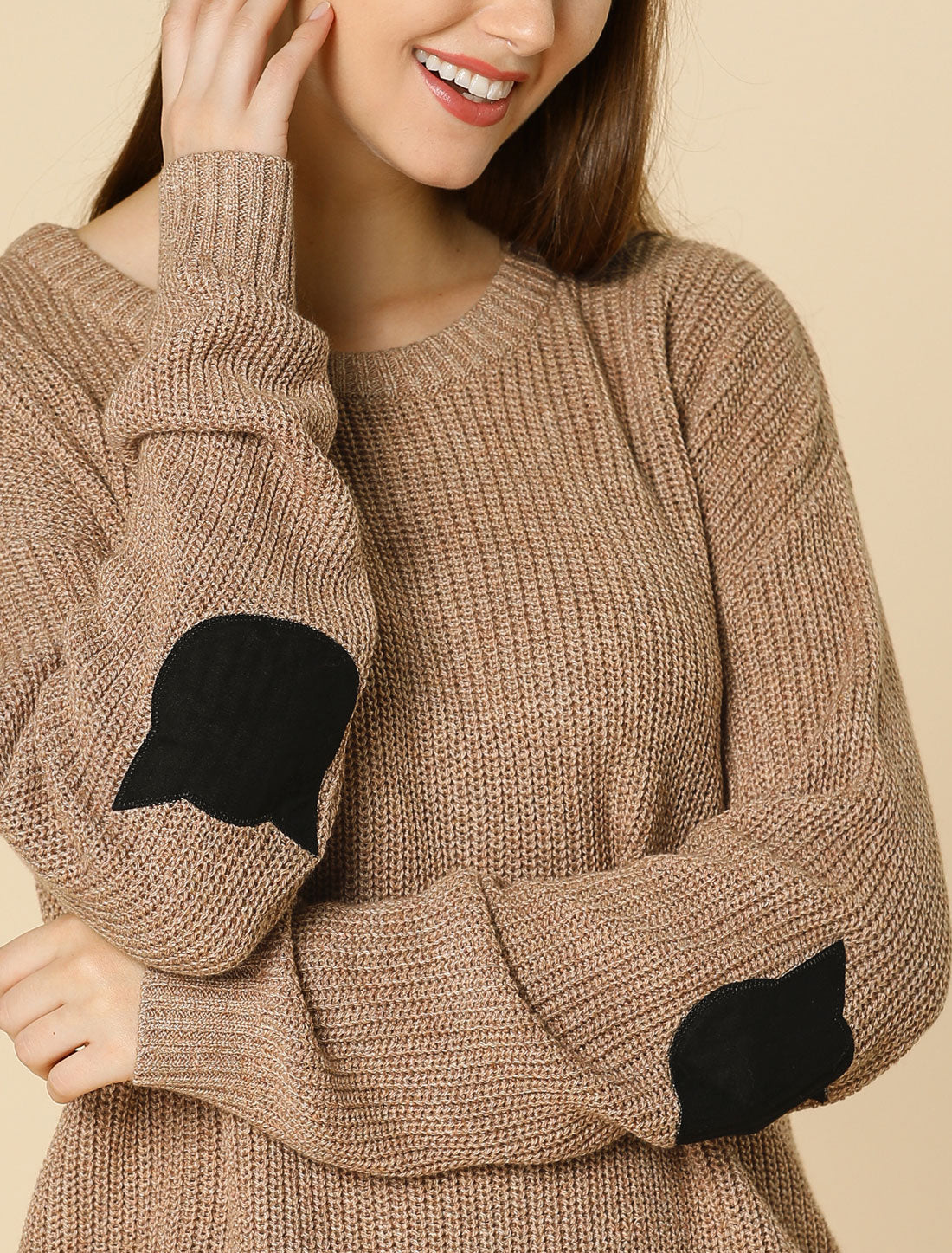 Allegra K Elbow Patch Long Sleeve Cat Drop Shoulder Pullover Sweaters