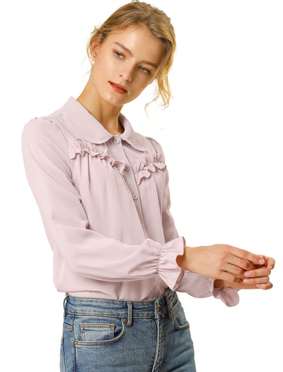 Button Down Ruffle Blouse Long Sleeve Peter Pan Collar Work Shirt Top