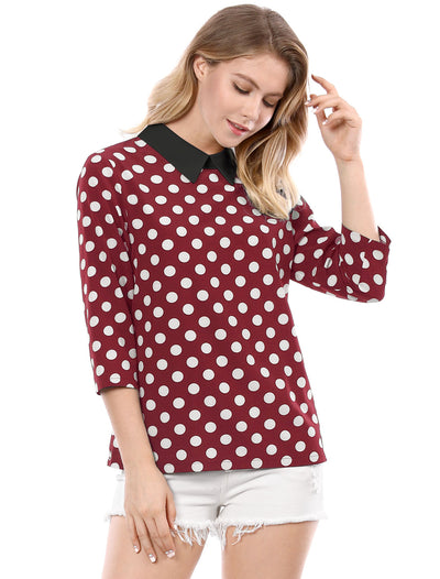 Polka Dots Contrast Peter Pan Collar Top 3/4 Sleeve Blouse Shirt