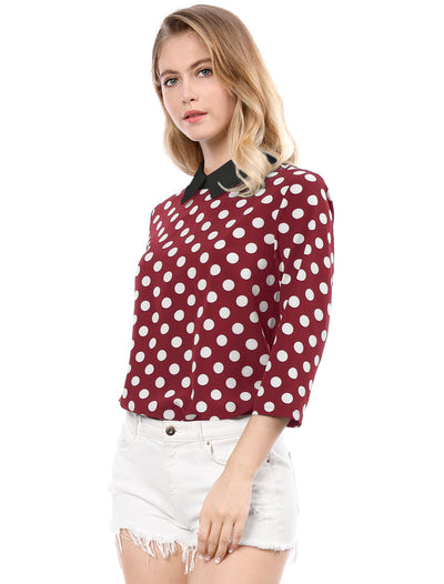 Polka Dots Contrast Peter Pan Collar Top 3/4 Sleeve Blouse Shirt