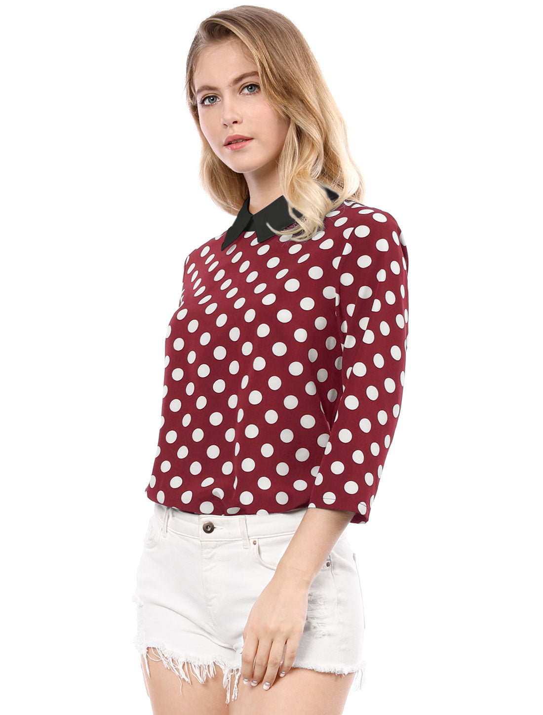 Allegra K Polka Dots Contrast Peter Pan Collar Top 3/4 Sleeve Blouse Shirt