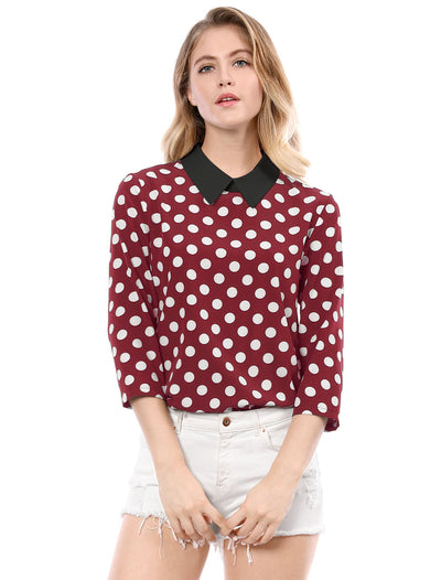 Polka Dots Contrast Peter Pan Collar Top 3/4 Sleeve Blouse Shirt