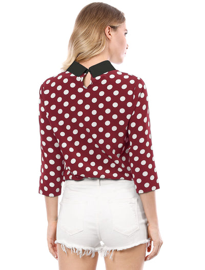 Polka Dots Contrast Peter Pan Collar Top 3/4 Sleeve Blouse Shirt