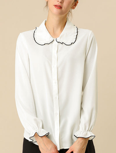 Sweet Ruffle Peter Pan Collar Long Sleeve Button Up Shirt