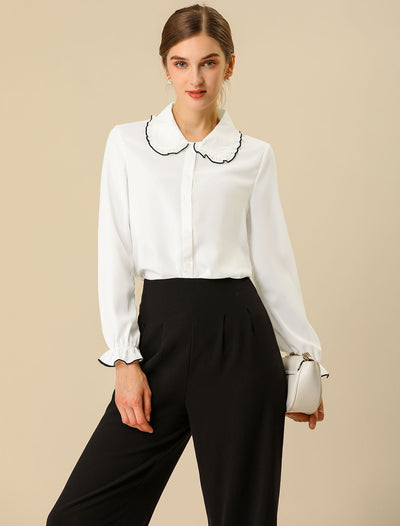 Sweet Ruffle Peter Pan Collar Long Sleeve Button Up Shirt