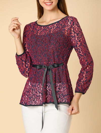 Elegant Tie Waist Long Sleeve Top Lace Peplum Blouses