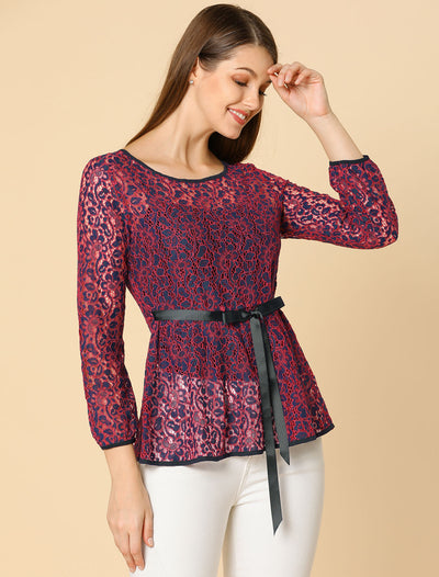 Elegant Tie Waist Long Sleeve Top Lace Peplum Blouses