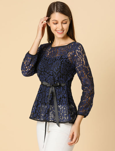 Elegant Tie Waist Long Sleeve Top Lace Peplum Blouses