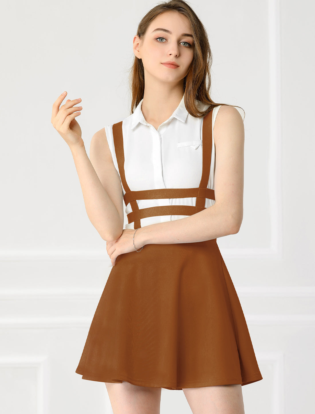 Allegra K Pleated Overall A-Line Elastic Waist Kawaii Braces Suspender Skirt