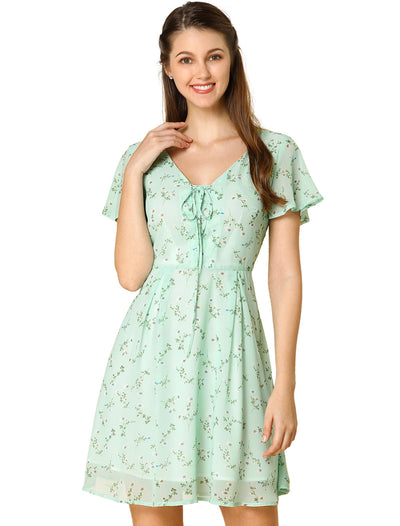 Floral Printed Flare Short Sleeve Lace-up V Neck Chiffon Dress
