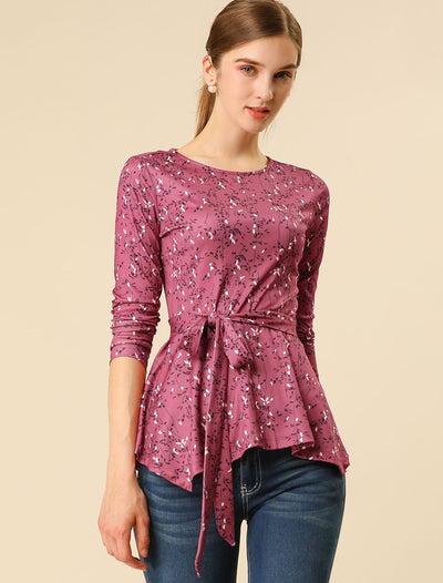 Floral Long Sleeve Asymmetrical Ruffle Hem Belted Flare Peplum Tops