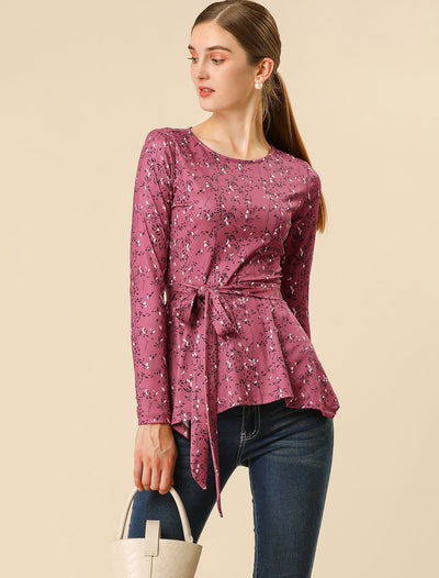 Floral Long Sleeve Asymmetrical Ruffle Hem Belted Flare Peplum Tops