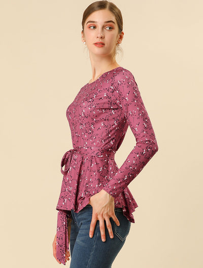 Floral Long Sleeve Asymmetrical Ruffle Hem Belted Flare Peplum Tops