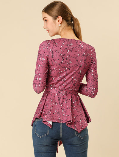 Floral Long Sleeve Asymmetrical Ruffle Hem Belted Flare Peplum Tops