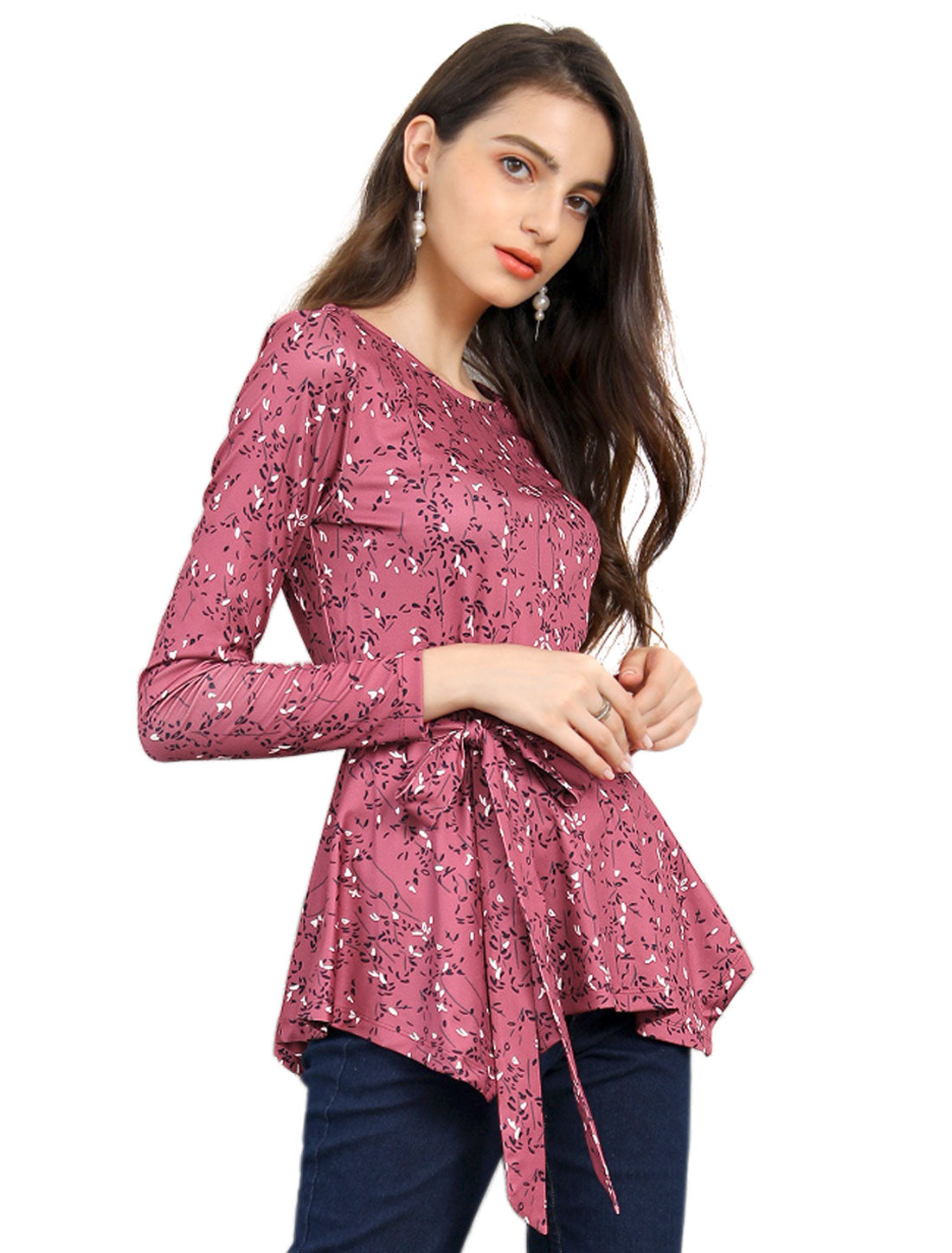 Allegra K Floral Long Sleeve Asymmetrical Ruffle Hem Belted Flare Peplum Tops