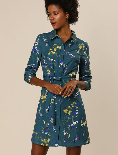 Button Down Floral Collar Tie Belted Mini Shirt Dress