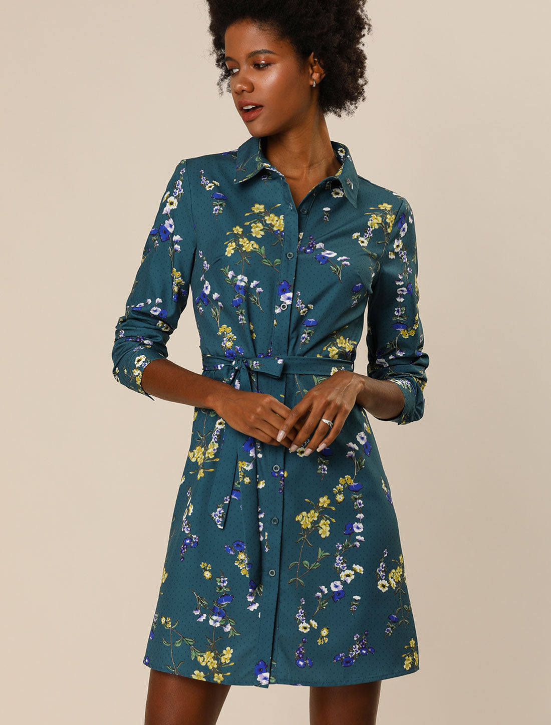 Allegra K Button Down Floral Collar Tie Belted Mini Shirt Dress