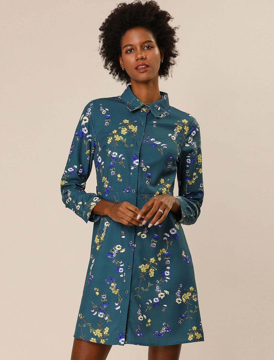 Allegra K Button Down Floral Collar Tie Belted Mini Shirt Dress