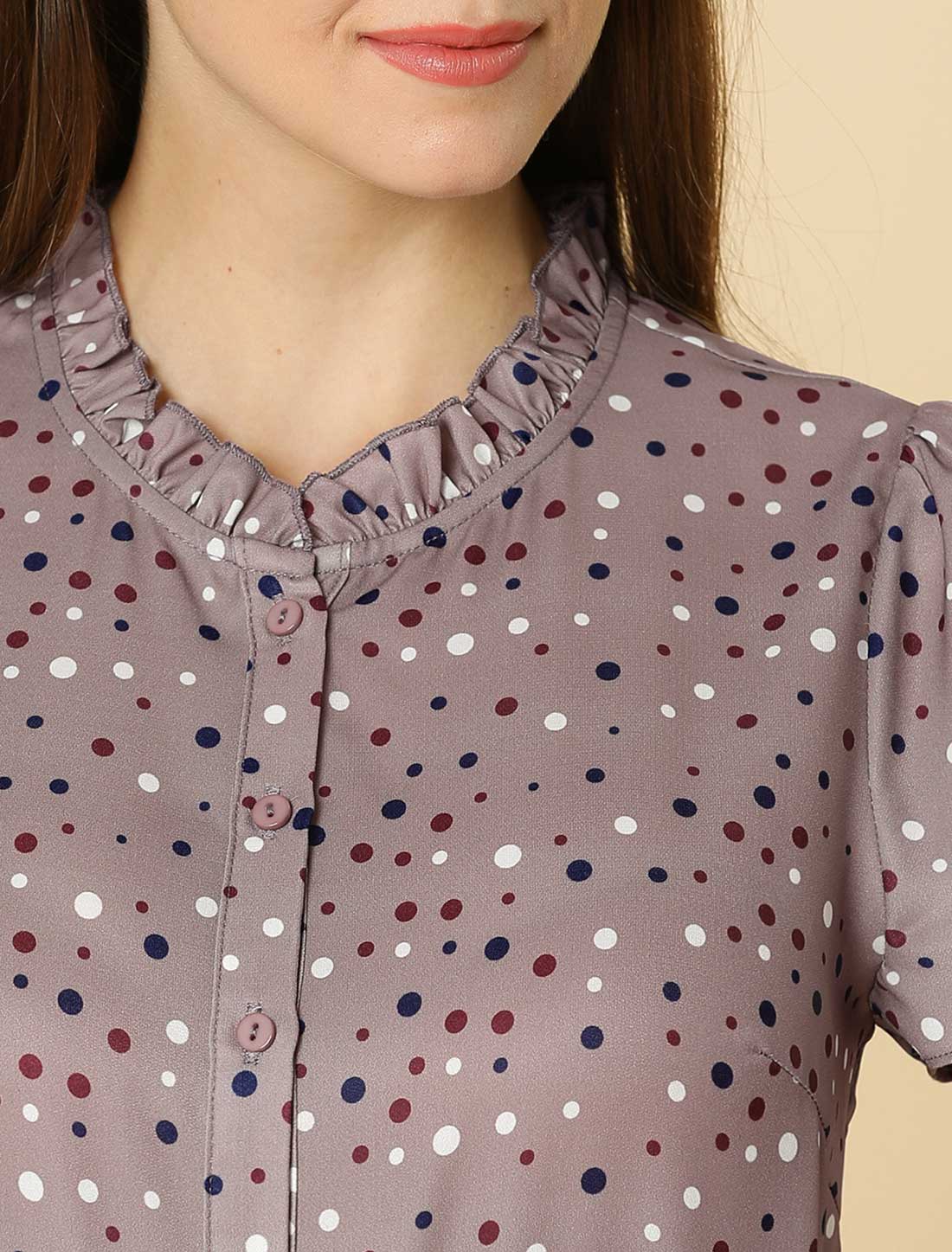 Allegra K Ruffle Summer Dots Print Retro Short Sleeve Button Blouse