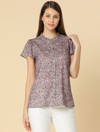 Ruffle Summer Dots Print Retro Short Sleeve Button Blouse