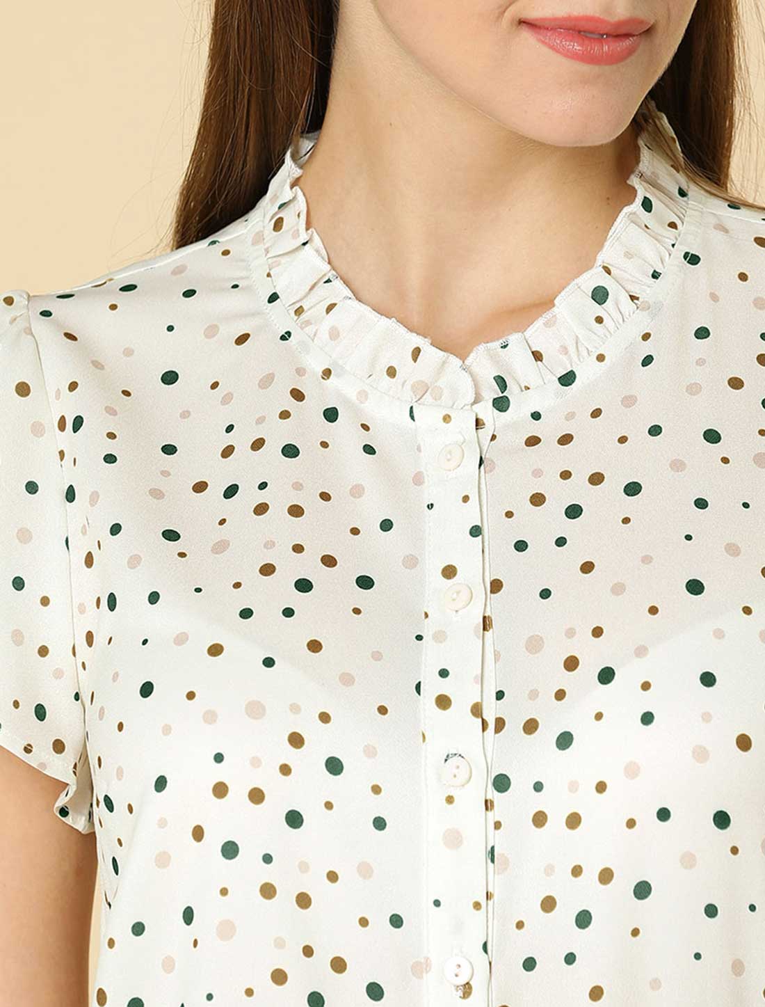 Allegra K Ruffle Summer Dots Print Retro Short Sleeve Button Blouse