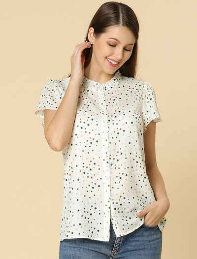 Ruffle Summer Dots Print Retro Short Sleeve Button Blouse