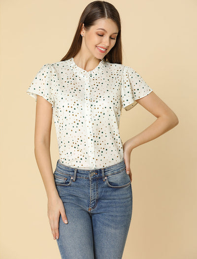 Ruffle Summer Dots Print Retro Short Sleeve Button Blouse