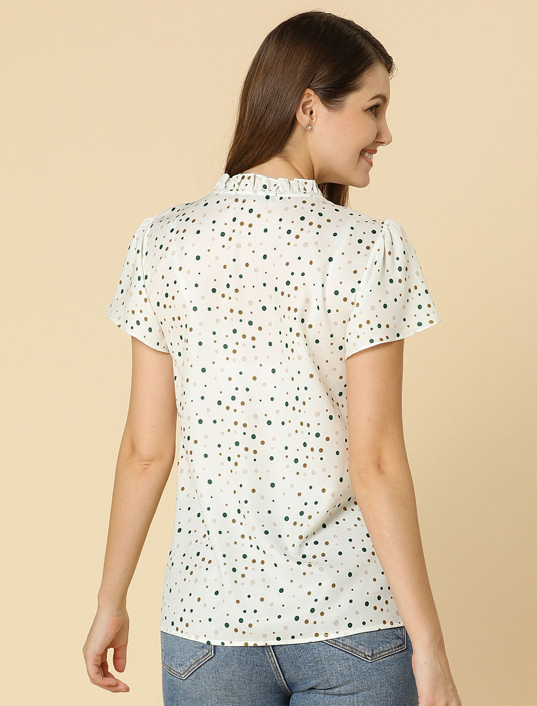 Allegra K Ruffle Summer Dots Print Retro Short Sleeve Button Blouse