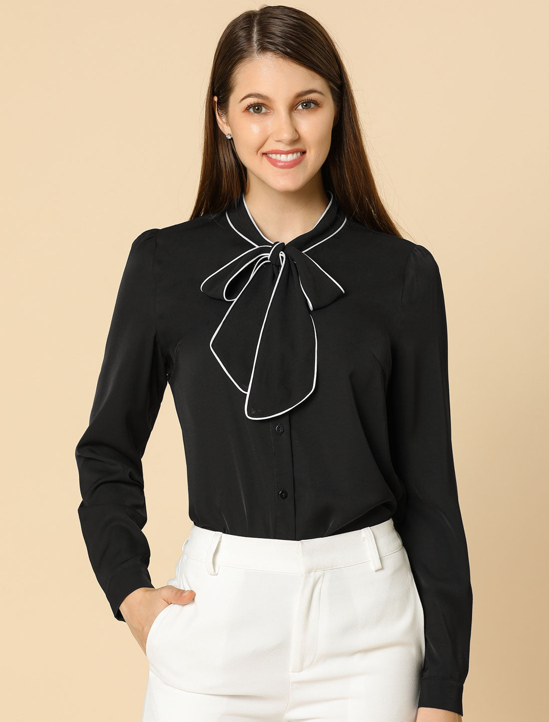 Allegra K Tie Neck Contrast Color Button Down Long Sleeve Shirt