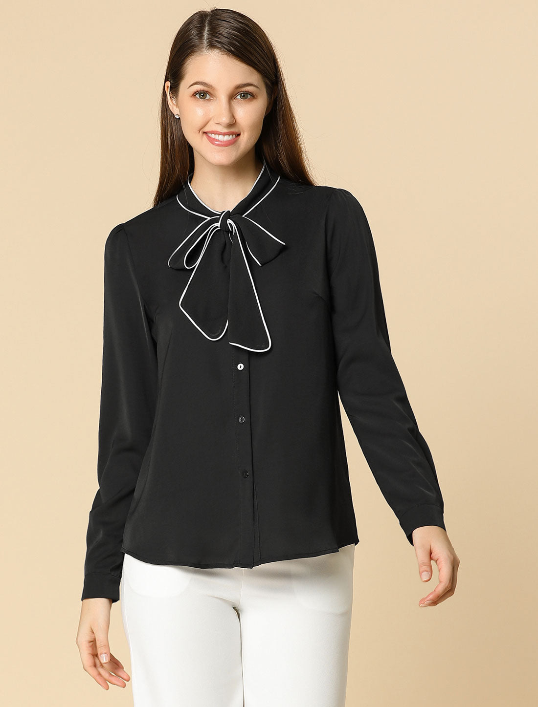 Allegra K Tie Neck Contrast Color Button Down Long Sleeve Shirt