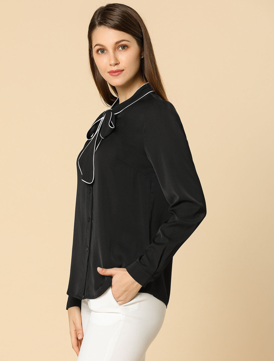 Allegra K Tie Neck Contrast Color Button Down Long Sleeve Shirt