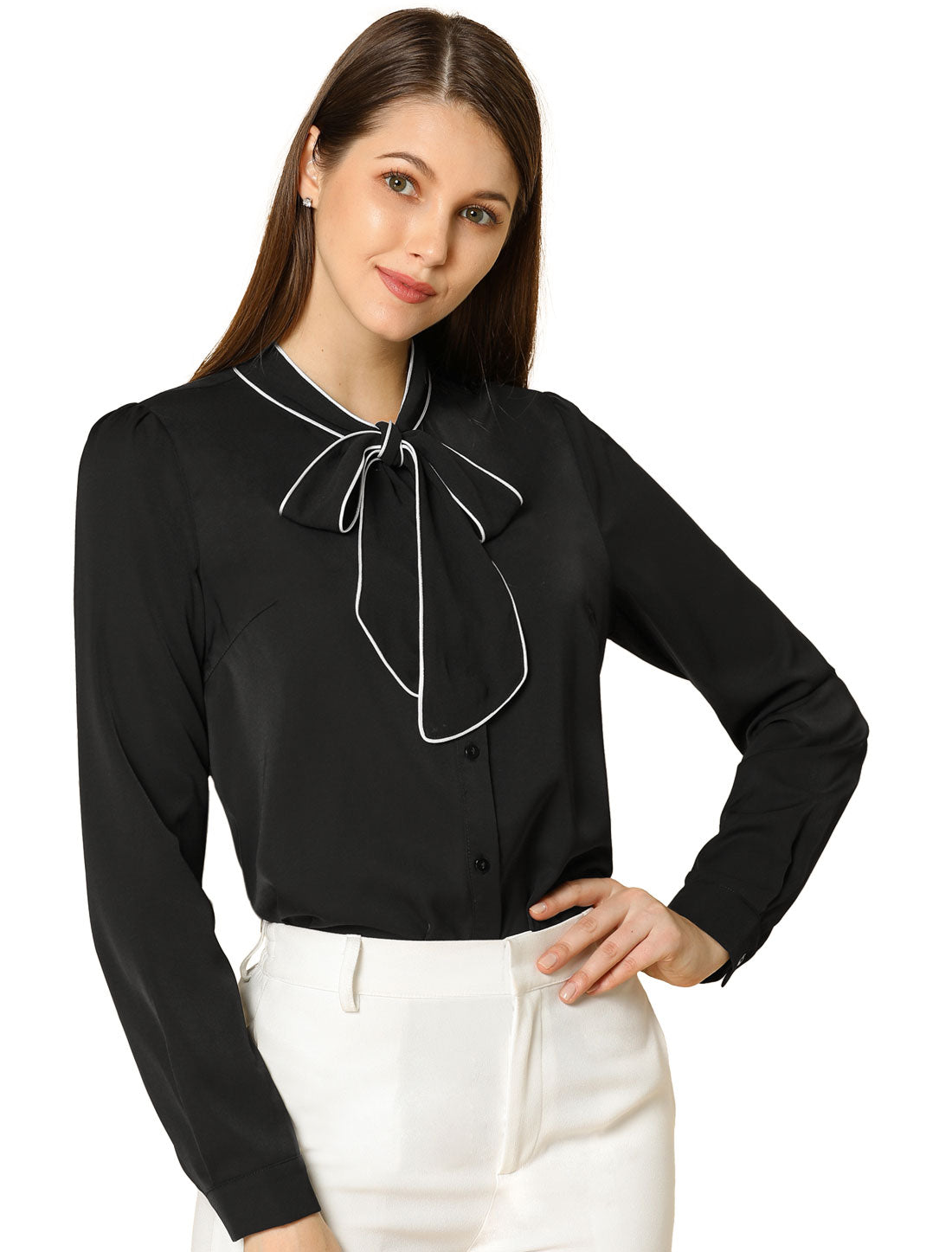 Allegra K Tie Neck Contrast Color Button Down Long Sleeve Valentine's Day Shirt